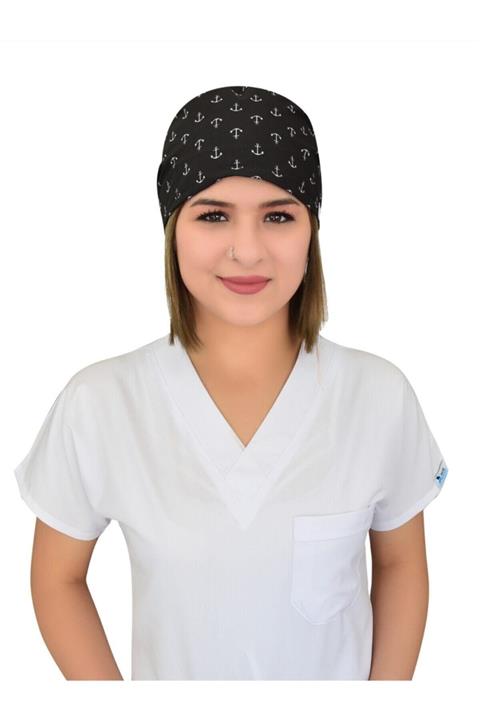 Nur Ortopedi Unisex Siyah Çapa Desenli Doktor Hemşire Aşçı Bonesi