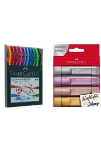 Faber Castell 4'lü Metalik Fosforlu Kalem + 1425 10'lu Tükenmez Kalem