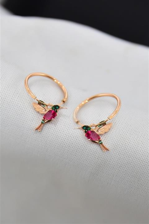 Papatya Silver 925 Ayar Gümüş Rose Kaplama Taşlı Halka Kuş Küpe