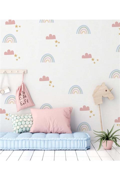 Sticker Sepetim Duvar Sticker Çocuk Odası - Pembe Gökkuşakları Bulutlar Ve Yıldızlar
