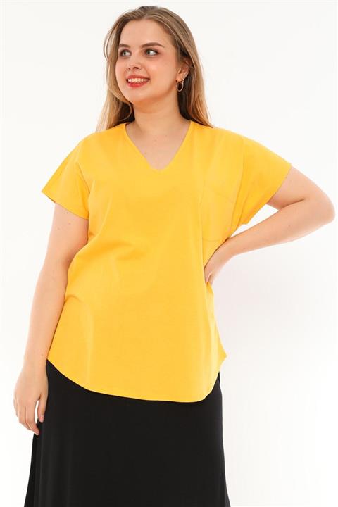 Curly Sarı Oversıze V Yaka T-shırt
