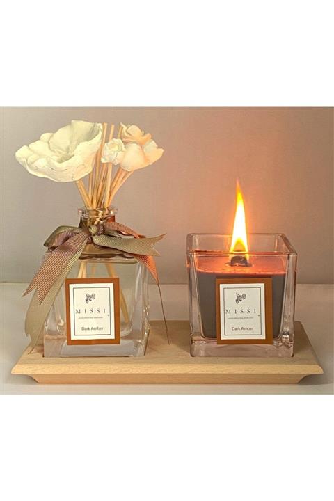 Missi Masif Ahşap Tepsili Dark Amber Oda Kokusu ve Mum Seti