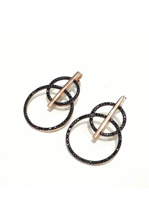 LEON SİLVER Siyah Zirkon Taşlı Çift Halka Detaylı 925 Ayar Gümüş Küpe