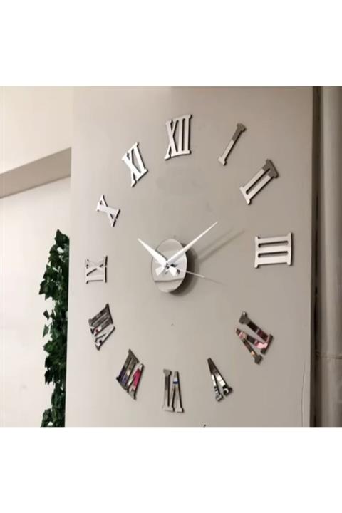 HYL Pleksi Göbek Duvar Saati Büyük 3d Romen Rakamlı Duvar Saati (gümüş)