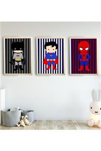 SUNNYFUNNYKIDS Bebek Çocuk Odası Tablo Batman Örümcek Adam 3'lü Naturel Renk Doğal Ahşap Çerçeveli Set 30x40 cm