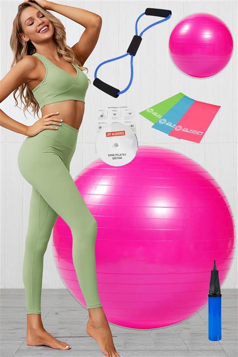 Jet 9 Lu Pilates Seti Plates Takımı Pilates Topu Direnç Lastiği Denge 3 Lü Egzersiz Bandı Lastiği Pembe