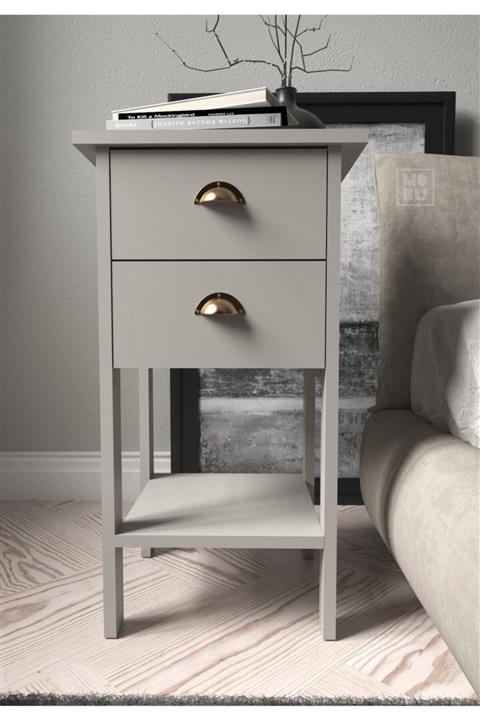 MOBU CONCEPT Retro Çift Çekmeceli Gri Komodin Mr1405