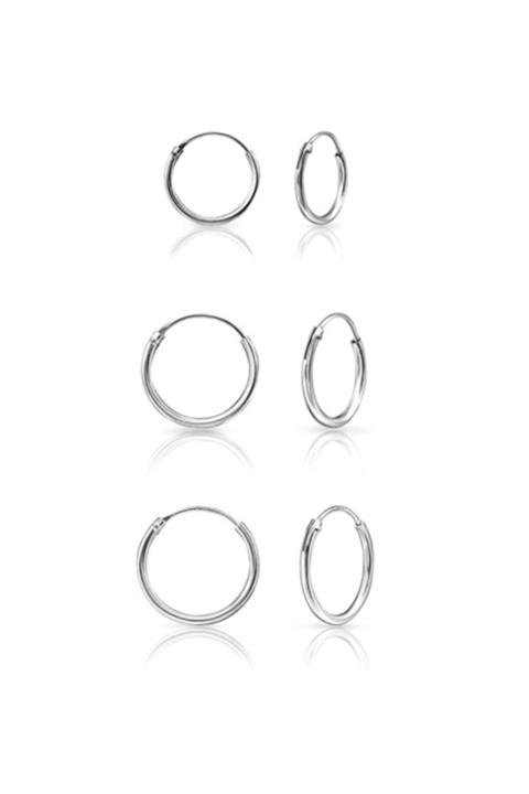 Onur Silver 925 Ayar Saf Gümüş Halka Küpe Seti 3'lü Hoop Earing Complete 12-14-16 mm