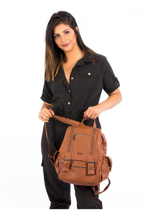 BAGzy Kadın Troklu Taba Yıkama Deri Sırt Çantası