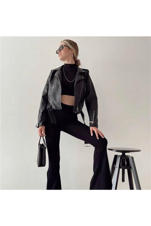 Haziran Kadın Siyah Fermuar Detaylı Deri Ceket