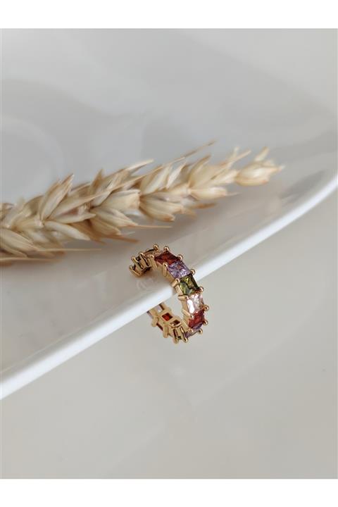 SU PERİSİ TAKI BİJUTERİ Gold Renkli Baget Zirkon Taşlı Halka Earcuff ( Kıkırdak Küpe )
