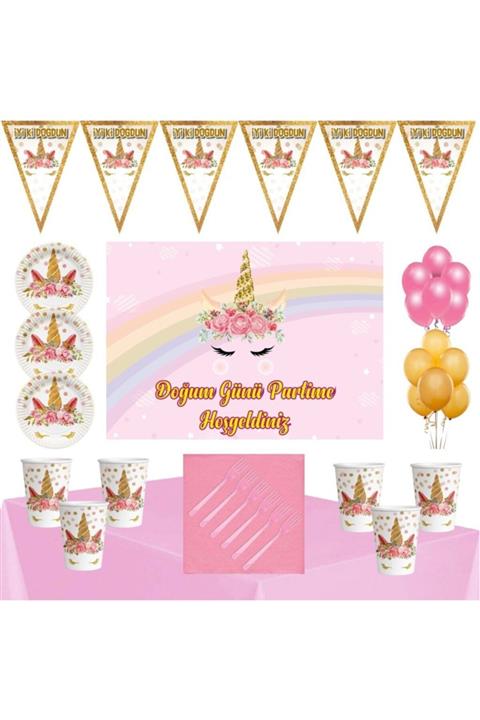 Parti Furyası Unicorn Çiçekli Tema 24 Kişilik Afişli Parti Seti