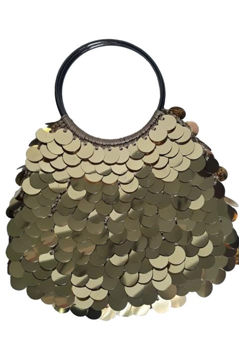 DOA TASARIM Kadın Sarı El Yapımı Pullu Abiye Çantası Siyah Metal Saplı