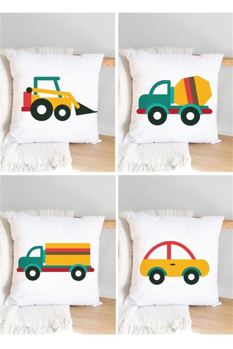 JUNİOR HOME CONCEPT Iş Makineleri Figürlü Dijital Baskı 4'lü Kırlent Kılıf Seti