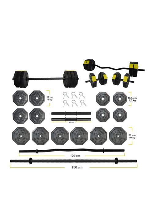 TAN SPOR 90 Kg Düz Bar ( 150 Cm ) Z Bar ( 120 Cm )dambıl Halter Ağırlık Full Set Sarı Kapaklı