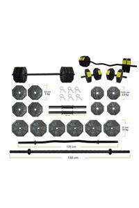 TAN SPOR 90 Kg Düz Bar ( 150 Cm ) Z Bar ( 120 Cm )dambıl Halter Ağırlık Full Set Sarı Kapaklı