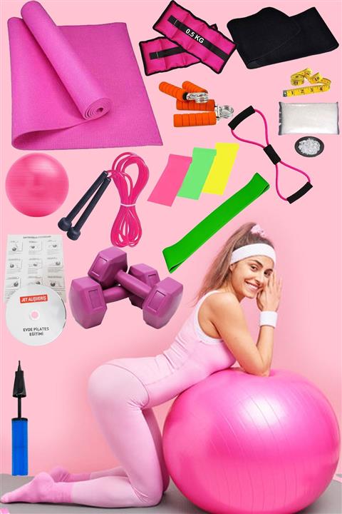 Jet 20 Li Evde Pilates Seti Full Plates Aerobik Minderi Topu Dambıl 3 Lü Jimnastik Lastiği Bandı Squat
