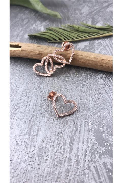 Joel Jewelry Zirkon Taşlı Pembe Altın Kaplamalı Kalpli Modern Gümüş Küpe