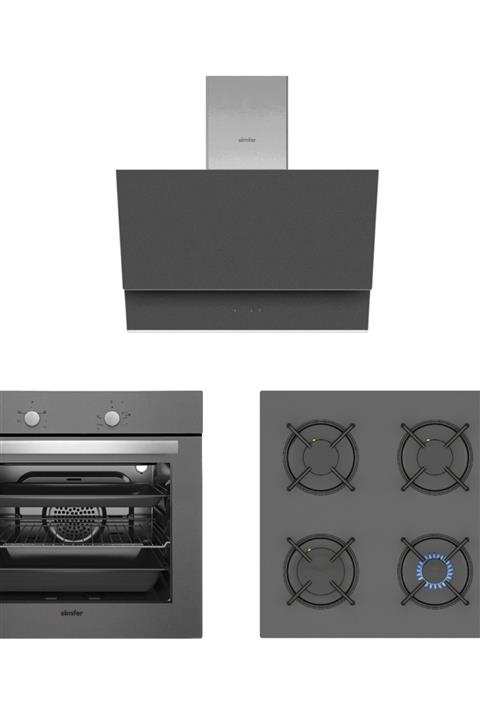 Simfer Mimoza Gri 6 Fonksiyon Ankastre Set (7352 Fırın + 3537 Ocak + 9615 Davlumbaz)