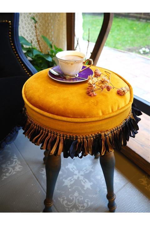 Moza Sanat Dekoratif Kadife Kumaşlı Hardal Rengi Vintage Puf