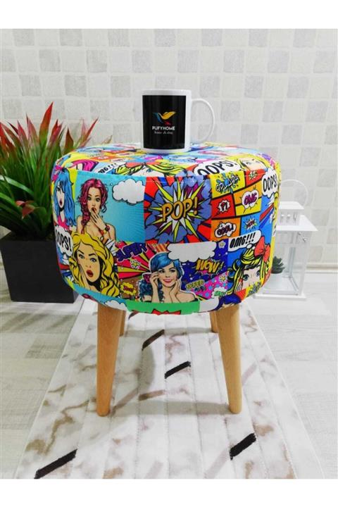 PufyHome Etna Pop Art Özel Tasarım Gürgen Ayaklı Çok Amaçlı Dekoratif Puf Koltuk