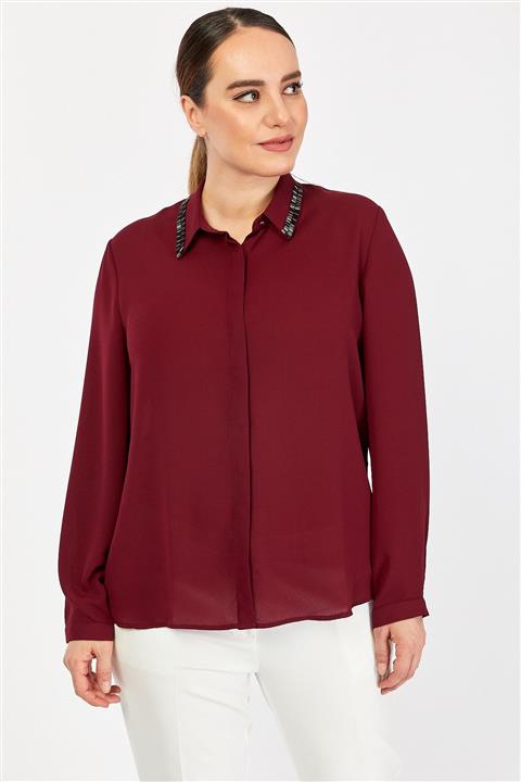 PERA CLUB Büyük Beden Yaka Boncuklu Bordo Gömlek