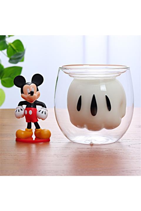 Linan Ware Çift Camlı Cidarlı Çizgi Film Mickey Mouse Karakterli Eğlenceli Tasarım Cam Bardak 125 ml