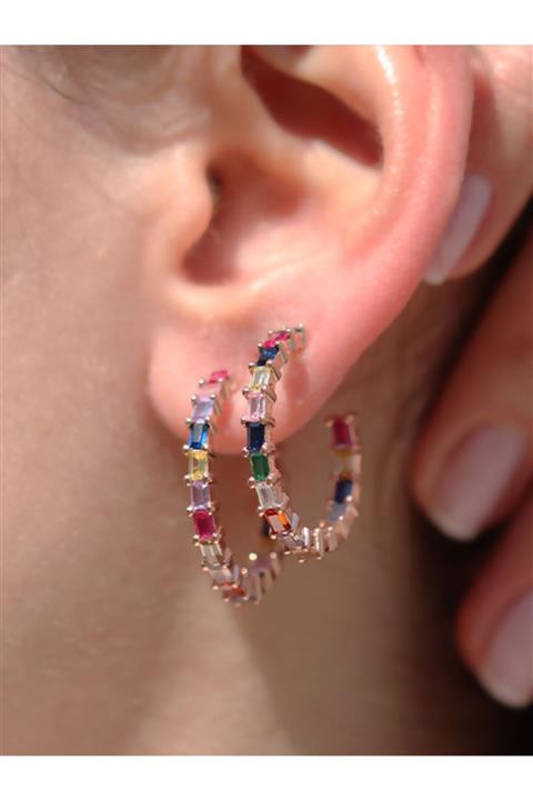 Necati Gün Rainbow Baget Taşlı Rose Gold Kaplama Halka Gümüş Küpe