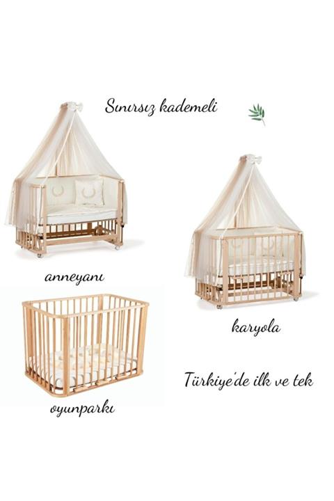 EGEBABY Ege Baby Doğal 3 In 1 Beşik(70X110) -bej Nakışlı Çift Tüllü Uyku Setiyle