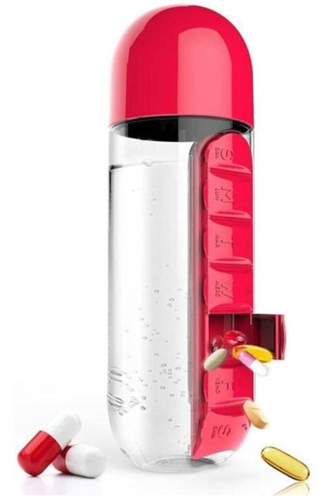 Mycl 600 ml Dahili 7 Günlük Ilaç Organizer Su Şişesi Kırmızı
