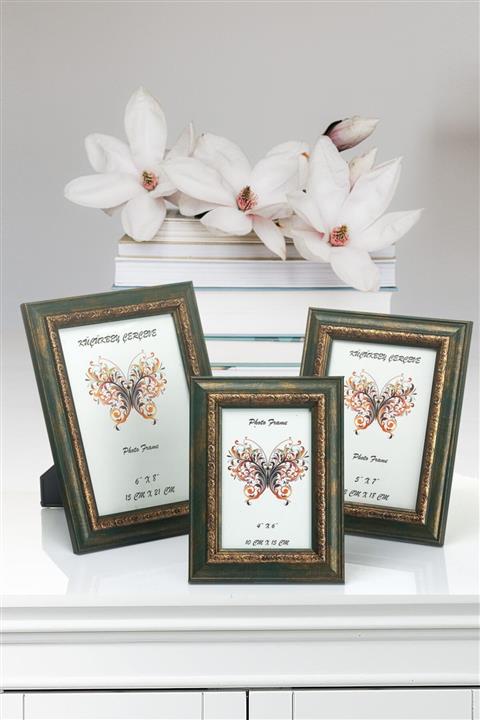 Seniste Modena Dekoratif Resim Çerçevesi 3'lü Yeşil-gold Detay Ayarlanabilir Ayaklı-duvara Asılabilir Mod006