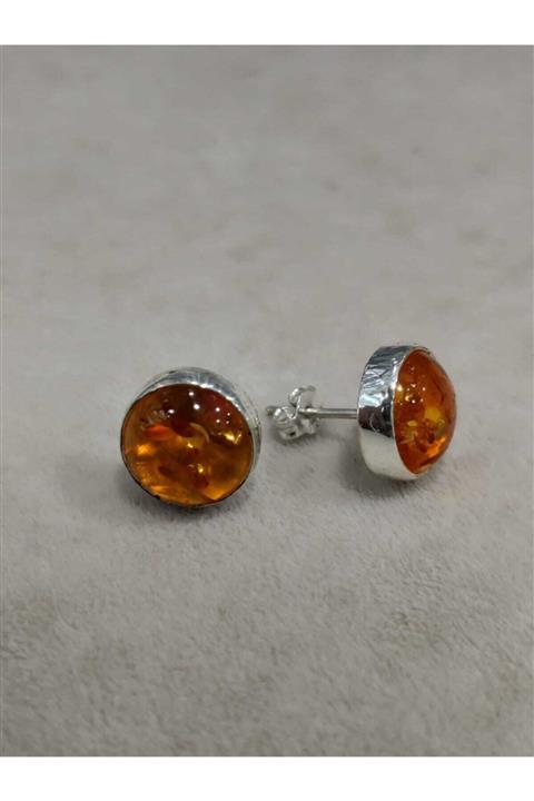 Mercan Silver Gümüş Kehribar Taşlı Pimli Küpe