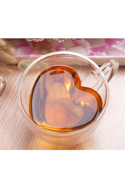 Linan Ware 2'li Set Çift Cidarlı Cam Bardak Kalp Tasarımlı Kupa 250 ml