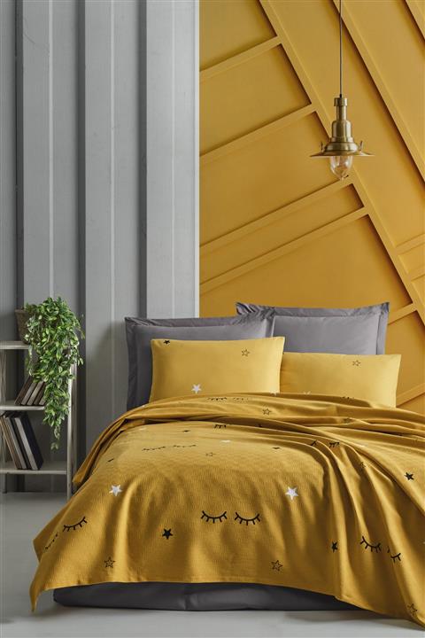 Enlora Home Enlora %100 Doğal Pamuk Pike Örtü Mega King Baskılı 260x230cm Dide Sarı
