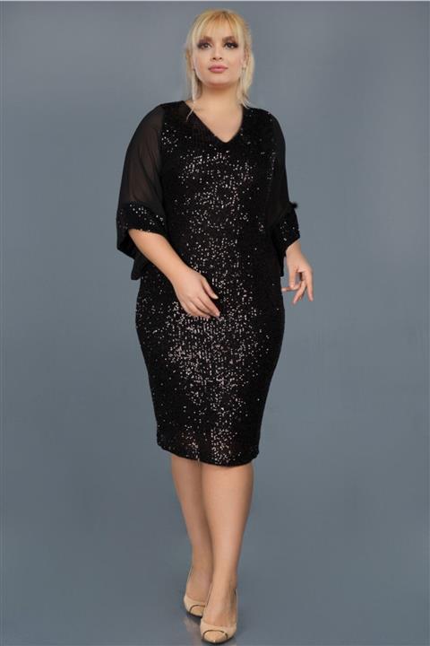 VOLİNAY TEKSTİL Büyük Beden Payetli Kolu Şifon Abiye Elbise