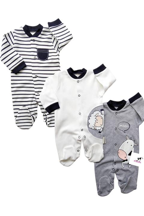 Necix's Erkek Bebek Beyaz Kuzulu Inek Tulum Takım 3 Lü