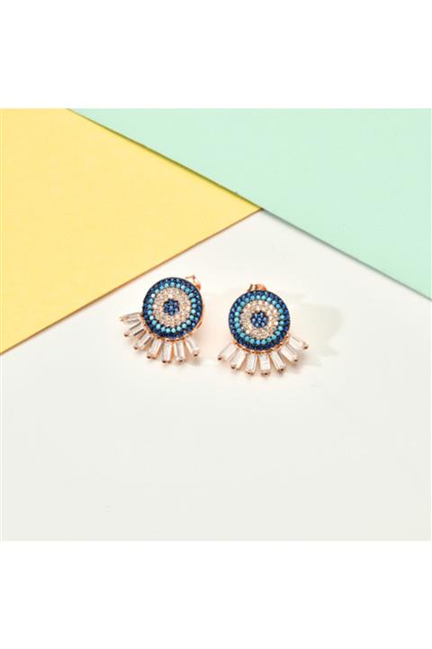 Silveria jewel Cleame Nazar Boncuklu Baget Taşlı Rose Gümüş Küpe