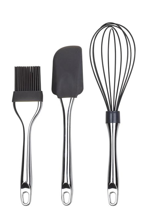 Okyanus Home Krom Saplı  Antrasit Silikon Spatula Silikon Fırça Ve Silikon Çırpıcı 3'lü Set