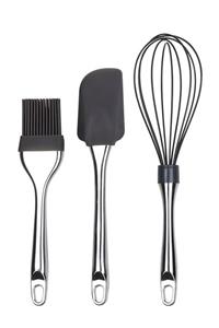 Okyanus Home Krom Saplı  Antrasit Silikon Spatula Silikon Fırça Ve Silikon Çırpıcı 3'lü Set