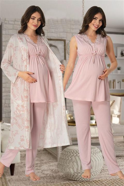 lohusahamile Kadın Pembe Desen Sabahlıklı Lohusa Pijama Takımı 8034