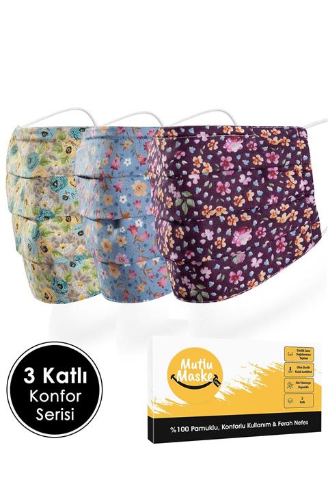 Mutlu Maske Konfor Modeli 3 Katlı Telli Çiçekli Desenli Pamuklu Kumaş Yıkanabilen Bez Maske Çeşitleri 3'lü Set