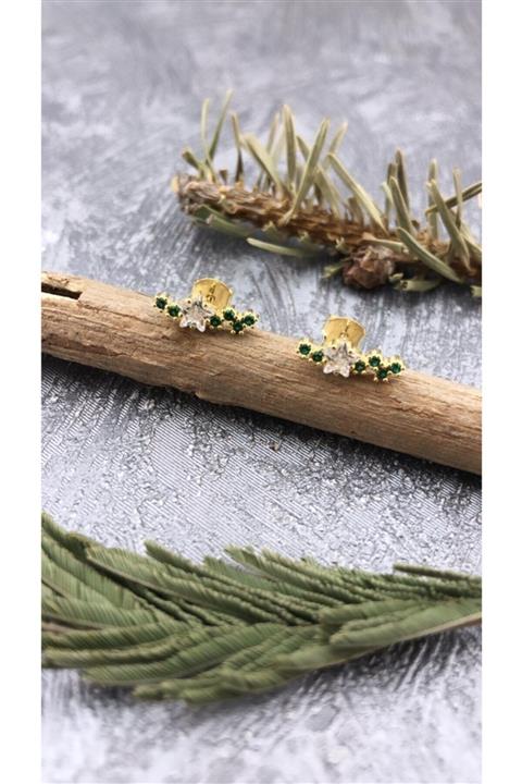Joel Jewelry Zümrüt Taşlı Detaylı Zirkon Taşlı Yıldızlı Minimal Gümüş Küpe