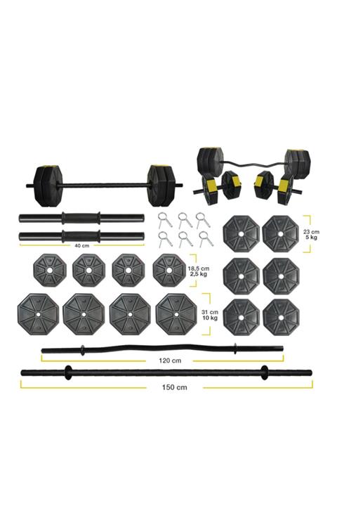 TAN SPOR Tanspor 80 Kg Düz Bar 150 cm  Z Bar Dambıl Halter Ağırlık Fitness Full Set Sarı Kapaklı