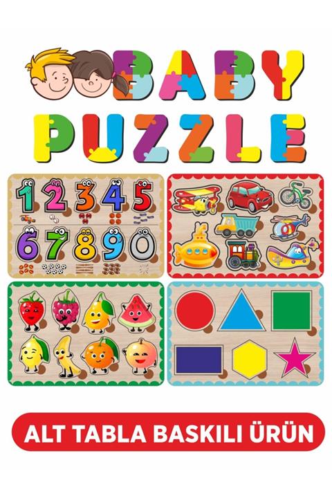 Baskı Atölyesi Sevimli Rakamlar, Sevimli Meyveler, Geometrik Şekiller Ve Taşıtlar 4'lü Set Bul-tak Ahşap Puzzle
