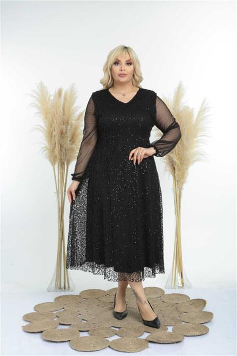 ZEYN TEKSTİL Kadın Siyah Kol Tül Detay Ful Pul Payetli Abiye Elbise