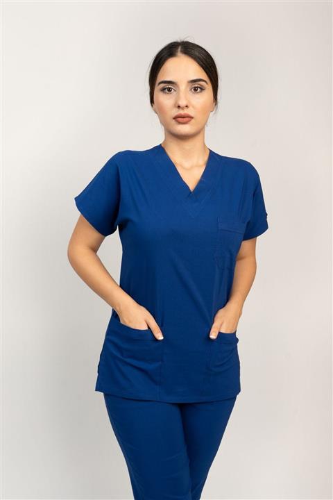 Class Üniforma Unisex Kalıp Saks Mavi Yarasa Kol Yüksek Pamuk Likralı Hemşire Doktor Forması Nöbet Takımı