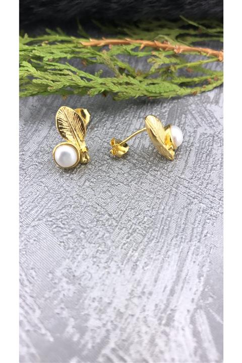 Joel Jewelry El Yapımı Inci Taşlı Yaprak Motifli Altın Kaplama Gümüş Küpe