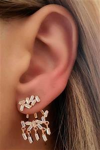 OSESHOP Baget Zirkon Taşlı Gümüş Rose Earcuff Cift Küpe