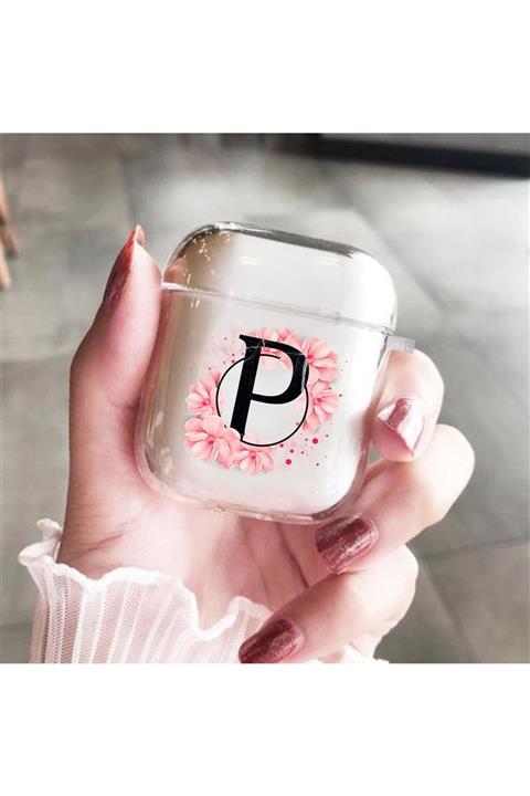 mooodcase Pembe Çiçek Desenli Şeffaf Airpods Kılıfı P Harfli