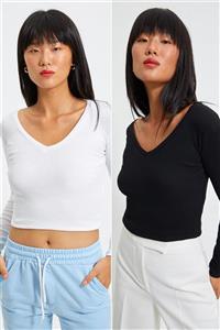 TRENDYOLMİLLA Siyah-Beyaz Crop 2'li Paket Örme Bluz TWOAW22BZ0129